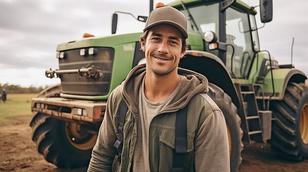 Photo a young attractive caucasian farmer is shown in this portrait grinning at the camera while standing in a field large tractor in the distancexa