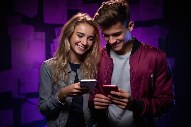 Young attractive cheerful couple are chatting on smartphones during night time