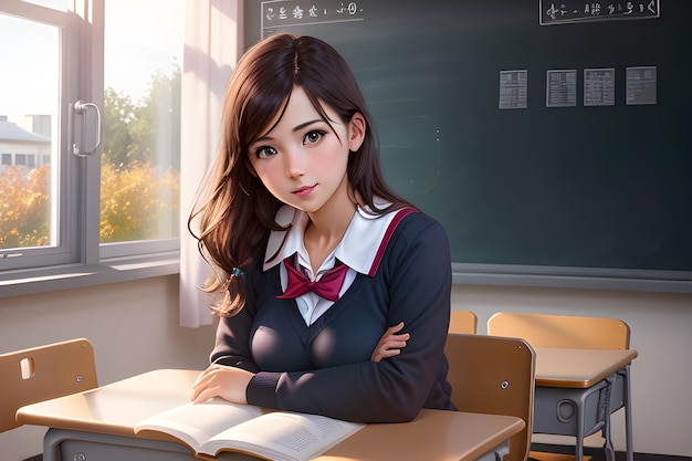 カメラを見て黒板を持つ教室の若い魅力的な女子大生 PNG ファイル AI 生成イラスト デジタル アート