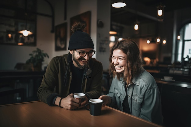 若い魅力的なカップルはコーヒーを飲み、居心地の良いロフトのコーヒー ショップ生成 ai で休む