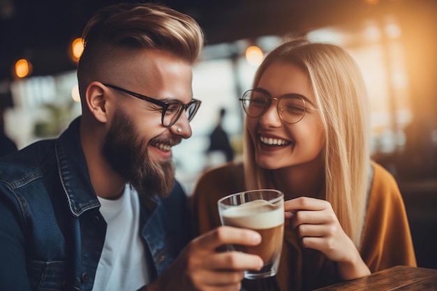 Young attractive couple drink coffee and have a rest in cozy loft coffee shop generative ai