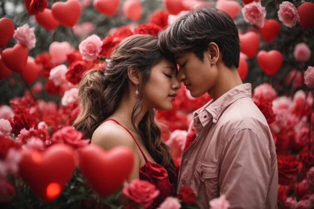 白い背景と空気の赤いハートのバルーンでキスをする若い魅力的なカップル