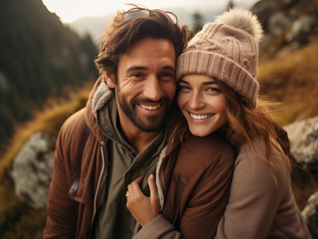 Young attractive couple smiling happy travel and selfie photo on on the mountains romantic couple traveler boho hipster style outfit