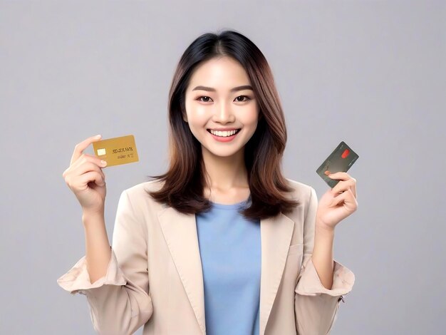 Молодая привлекательная элегантная женщина показывает макет кредитной карты AI_Generated