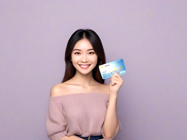 魅力的な若い女性の手がクレジットカードのモックアップを示している AI_Generated