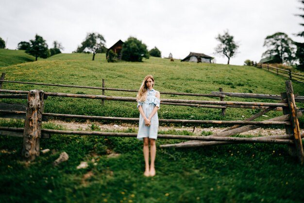 Giovane ragazza bionda elegante attraente in vestito blu che posa vicino al recinto in campagna