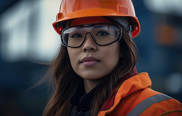 Photo young attractive and empowered female engineer with orange safety vest generative ai