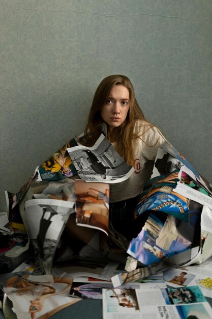 Photo young attractive female with long hair sitting on floor with torn pages from magazine photo