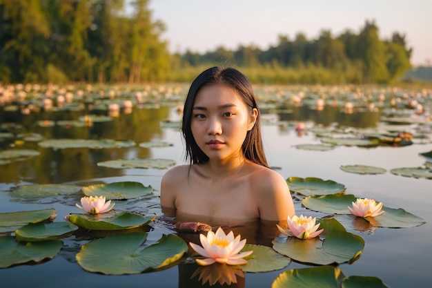 Молодая привлекательная девушка азиатской внешности купается в озере.