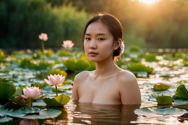 A young attractive girl with long hair bathes in a lake