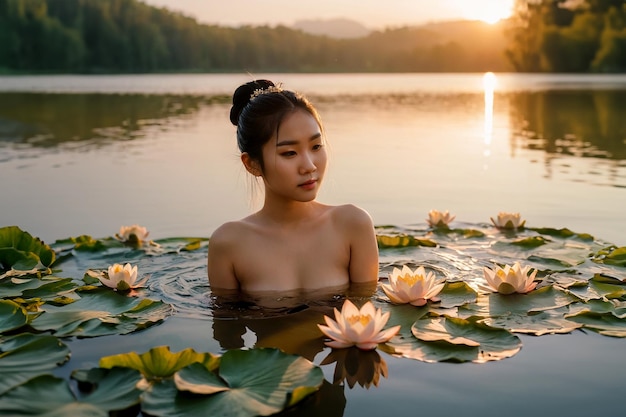 長いの魅力的な若い女の子が湖で風呂を浴びている