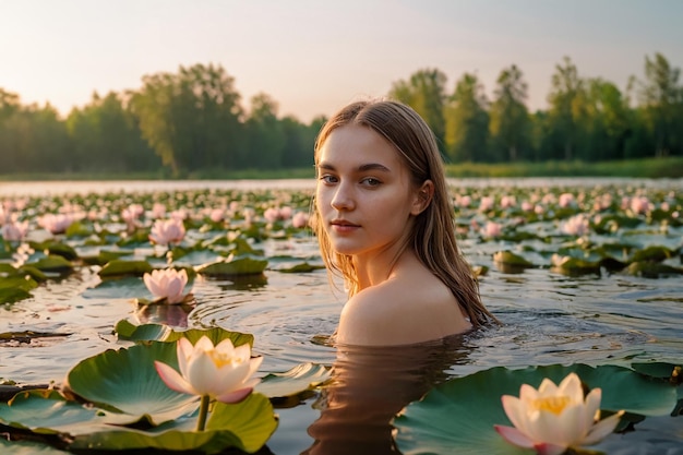 Молодая привлекательная девушка с длинными волосами купается в озере
