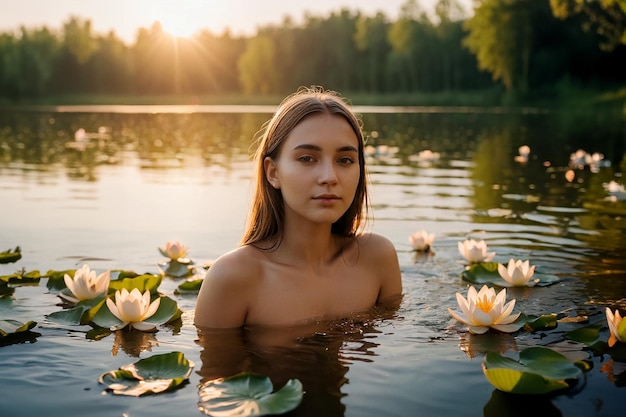 A young attractive girl with long hair bathes in a lake