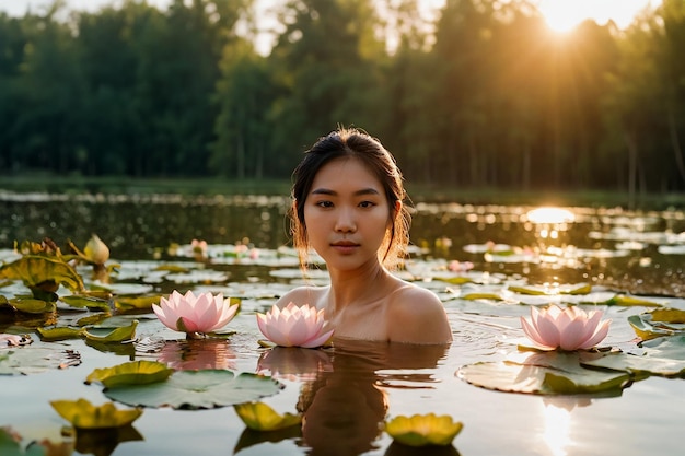 A young attractive girl with long hair bathes in a lake