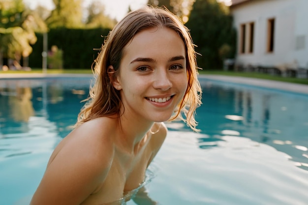 A young attractive girl with long hair is swimming in her pool