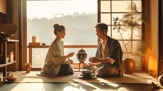 Young attractive japanese woman and happy smiling man on tatami in kimono Drinking tea calmly and relaxed in japanese house in the rays of dawn sun through fusuma