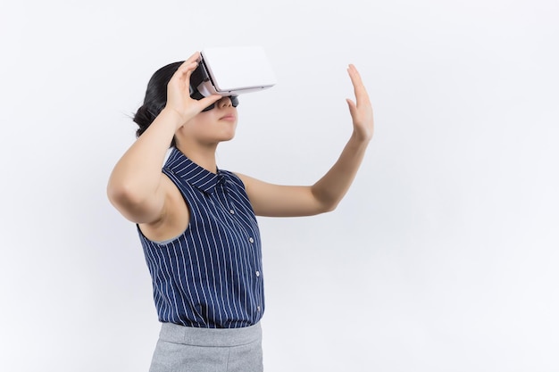 Young attractive Japanese woman using VRheadset glasses