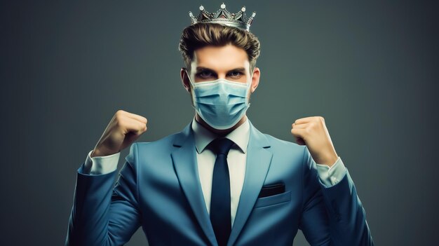 Young attractive man in a blue suit with a crown on his head in medical mask