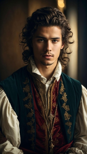 写真 中世の服を着た若くて魅力的な男性リネッサンス様式の黒い波状の