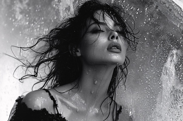 Foto giovane modella attraente con i capelli neri sotto la pioggia