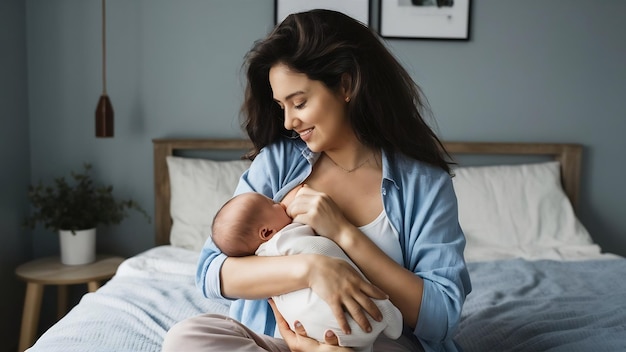 Foto giovane attraente madre nuda che allatta abbracciando il suo neonato sorridendo seduta a letto a casa