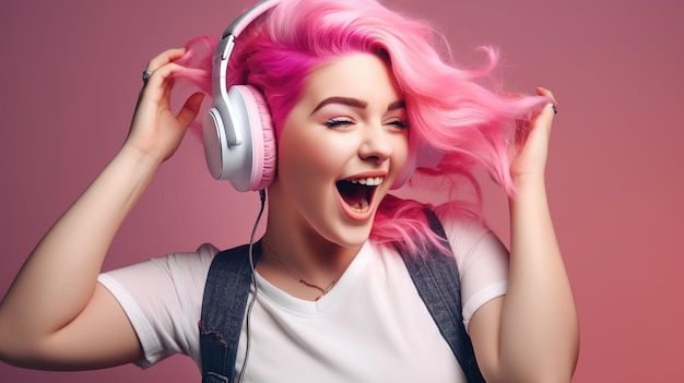 분홍색 배경에 헤드폰을 끼고 노래하는 젊은 매력적인 분홍색 머리 여자
