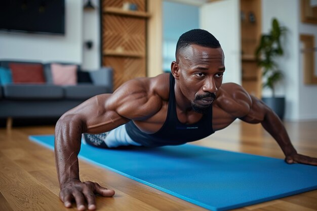 젊은 매력적인 스포츠 아프리카계 미국인 남자가 집에서 거실 바닥에 요가 매트에 누워서 푸시업이나 플랜크 스포츠 운동을 하고 있습니다.