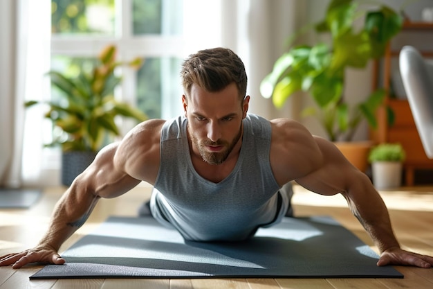 Young attractive sporty man doing pushup or plank sport exercises lying on yoga mat on the floor in the living room at home Fitness workout and home training concept