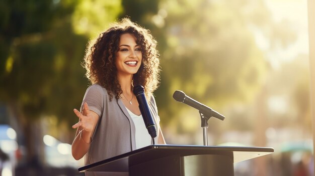 Photo young attractive and successful black afro american business woman with headset speaking in auditori