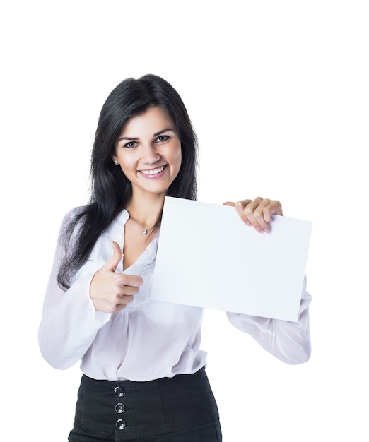 young, attractive, successful business woman showing business card and thumbs up,