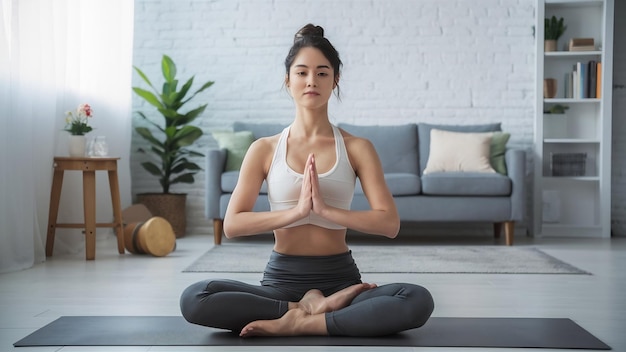 Photo young attractive woman in ardha padmasana pose white studio bac