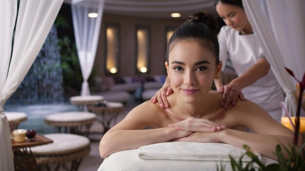 Young attractive woman having massage relaxing in spa salon