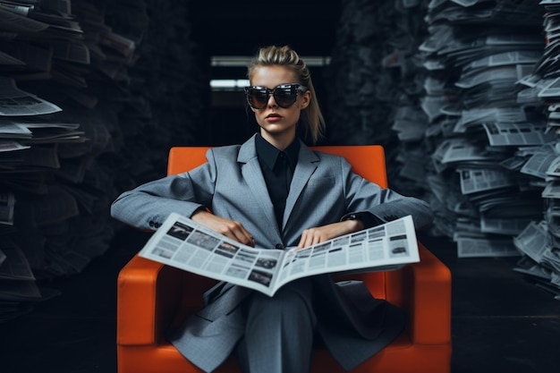 молодая привлекательная женщина, держащая газету в руках перед темной стеной на фоне модного стиля