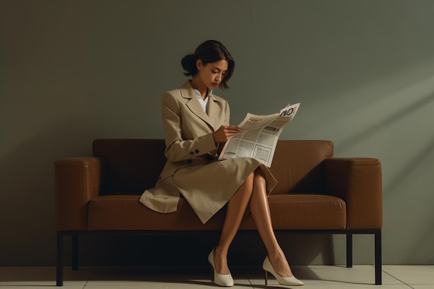 young attractive woman holding newspaper in hands in front of a dark colored wall on fashion style background