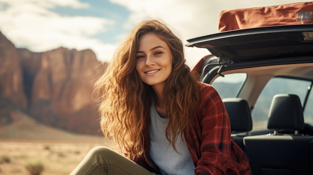 Молодая привлекательная женщина сидит у машины, любуясь красивым пейзажем в поездке Создано с помощью технологии генеративного искусственного интеллекта