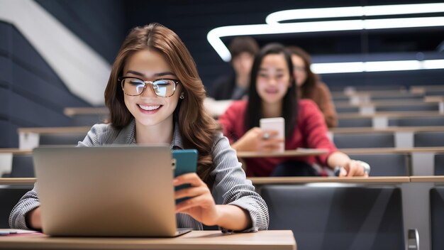 Young attractive woman sitting in lecture hall working on laptop wearing glasses modern auditori