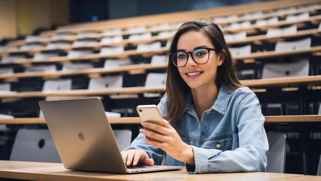 Young attractive woman sitting in lecture hall working on laptop wearing glasses modern auditori