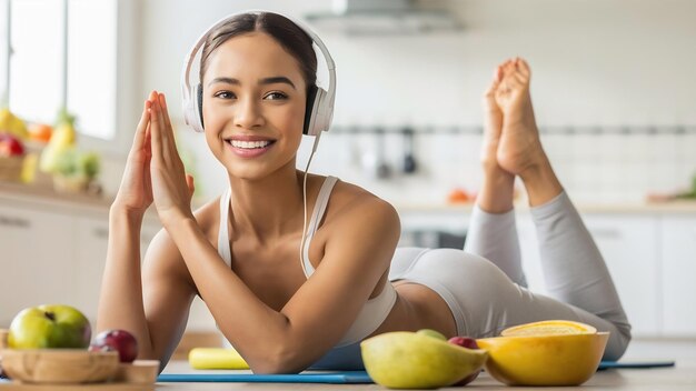 Young attractive woman sitting yoga asana pose in kitchen in morning maditating smiling happy p