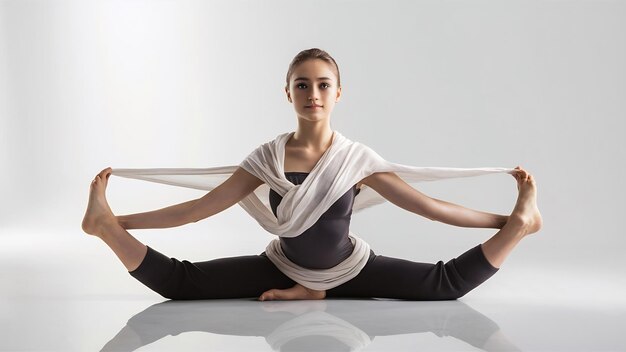 Photo young attractive woman in supta virasana pose white studio back