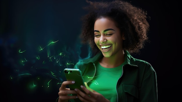 Una giovane donna attraente usa il telefono di notte sullo sfondo della città creato con la tecnologia generative ai