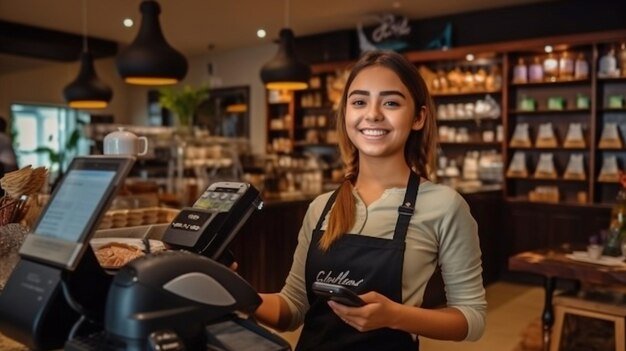 カフェでクレジット カードと決済端末を使用する若い魅力的な女性ジェネレーティブ AI
