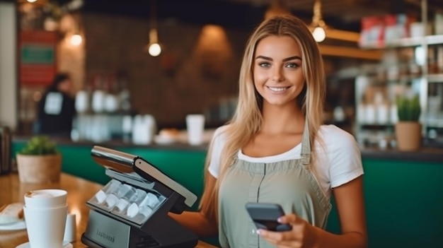 Photo a young attractive woman using a credit card and payment terminal in a cafe generative ai