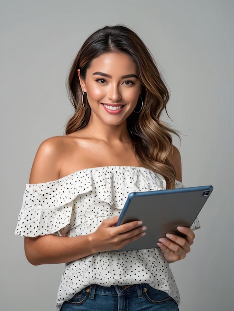 Young attractive woman using digital tablet Plain color background