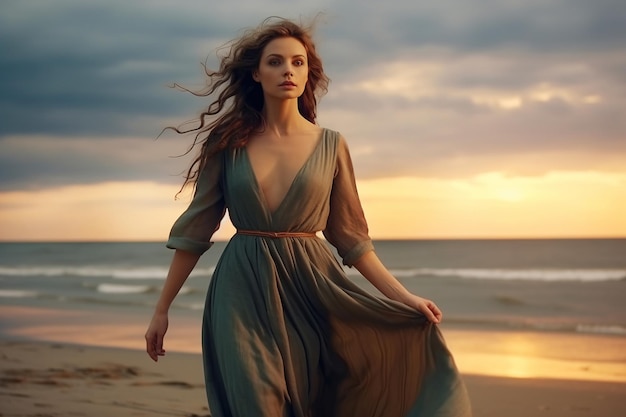 Молодая привлекательная женщина, гуляющая по берегу моря вечером на закате. Поколение ИИ