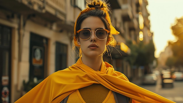 Foto giovane donna attraente che indossa abiti gialli e occhiali da sole in piedi in mezzo alla strada con sfondo sfocato