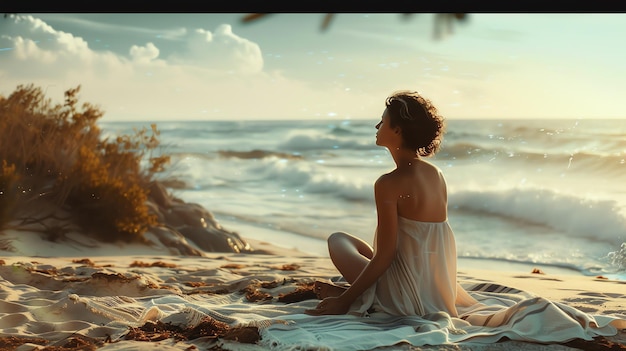 Photo young attractive woman in a white dress sits on the beach and looks at the ocean the sun is setting and the sky is ablaze with color