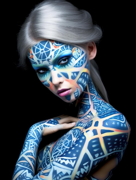 Young attractive woman with body art on her body and face