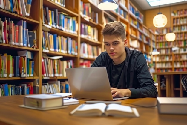 オーストラリアの若い男性学生が学校の図書館でラップトップを使ってオンラインで勉強しています