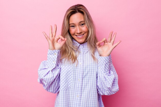 Young australian woman isolated cheerful and confident showing ok gesture.