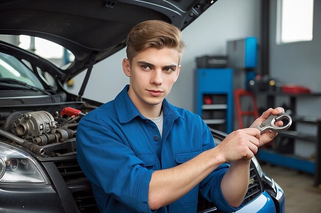 Photo a young auto mechanic with a spanner in his hands